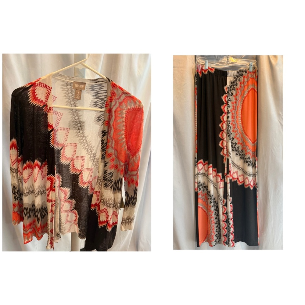 Chico's Brown, Coral & Cream Printed Open Cardigan with Palazzo Pants